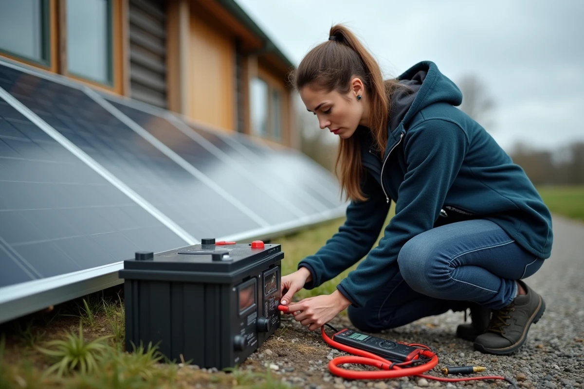 Femme technicienne mesurant l'autonomie d'une batterie solaire avec un multimètre en extérieur