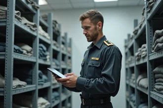 Militaire consultant ses dotations vestimentaires sur tablette avant une inspection