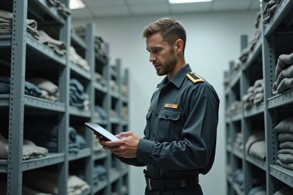 Militaire consultant ses dotations vestimentaires sur tablette avant une inspection