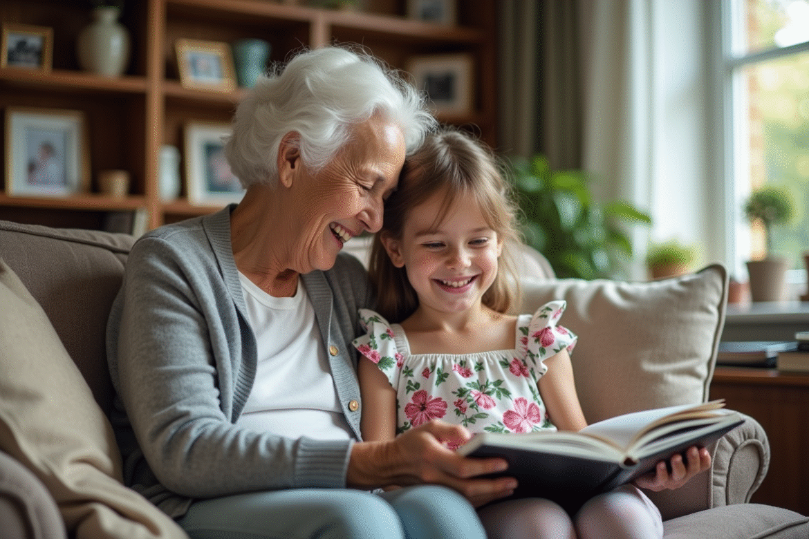 Une grand-mère et une petite fille rient en regardant un album photo