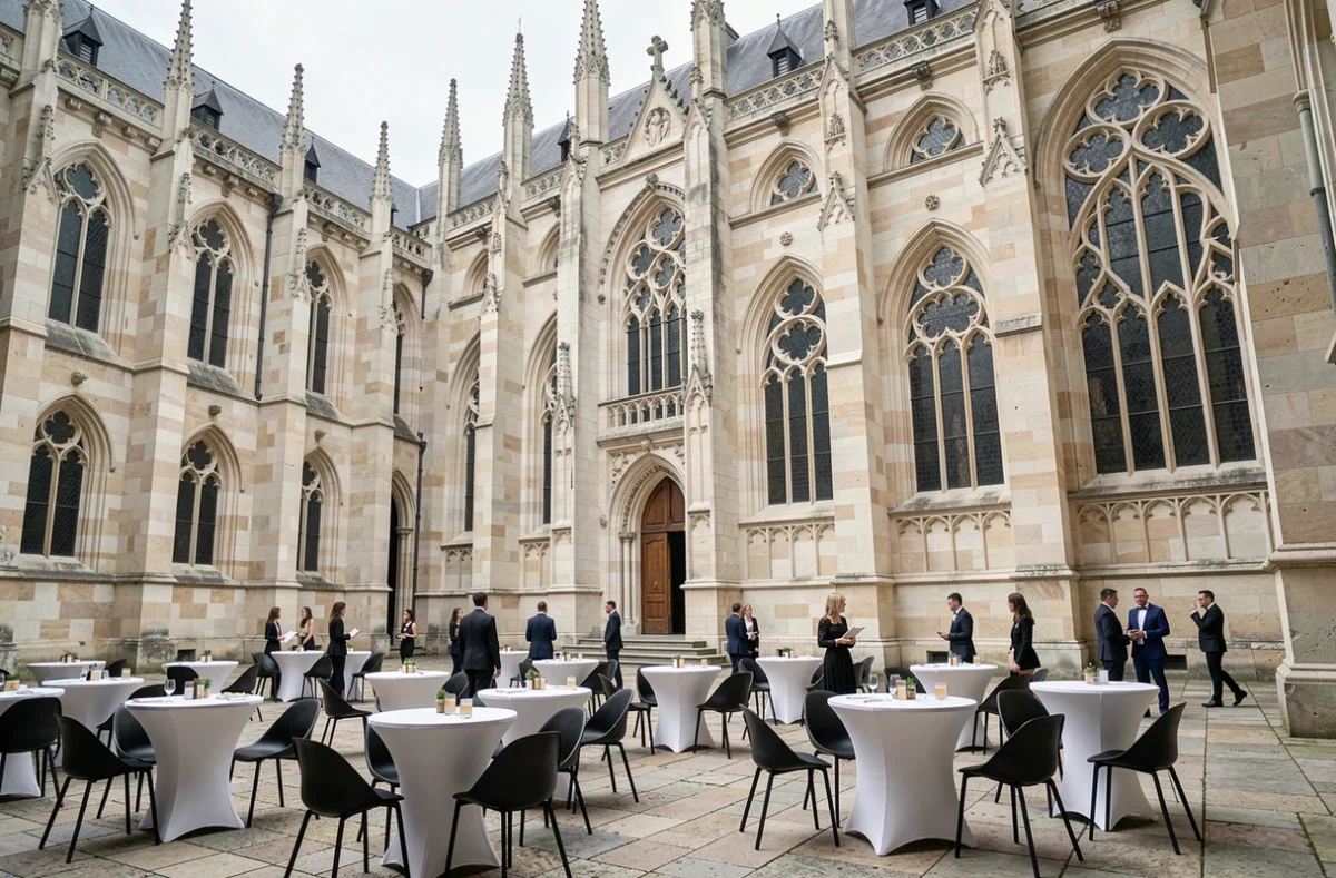 Cour du Monastère Royal de Brou à Bourg-en-Bresse aménagée pour une réception d'exception