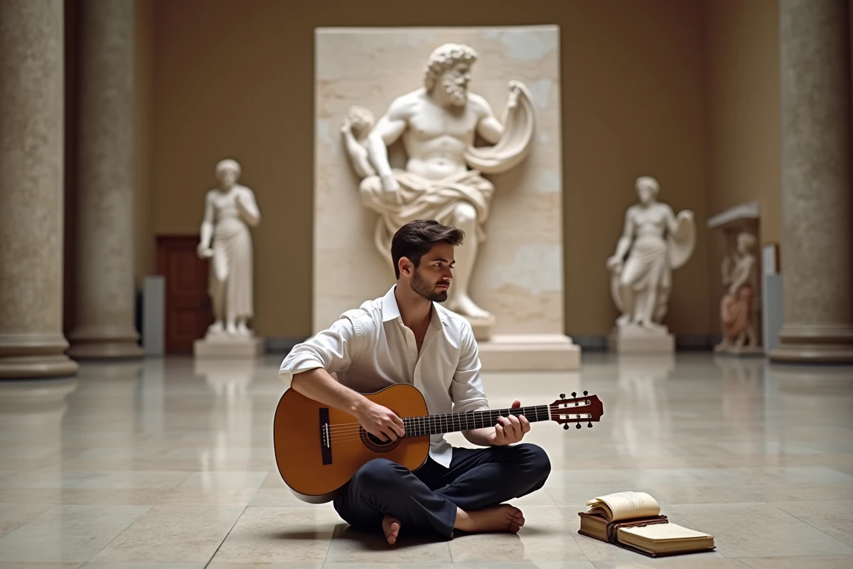 Musicien contemporain assis devant un bas-relief d'Apollon dans un musée, tenant une guitare acoustique en référence aux arts antiques
