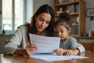 Mère et fille examinant des documents officiels liés à la nationalité française par filiation dans un appartement parisien