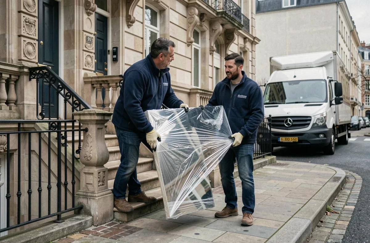 Déménageurs Nord Déménagement portant un miroir emballé sur le perron d'une maison de ville lilloise