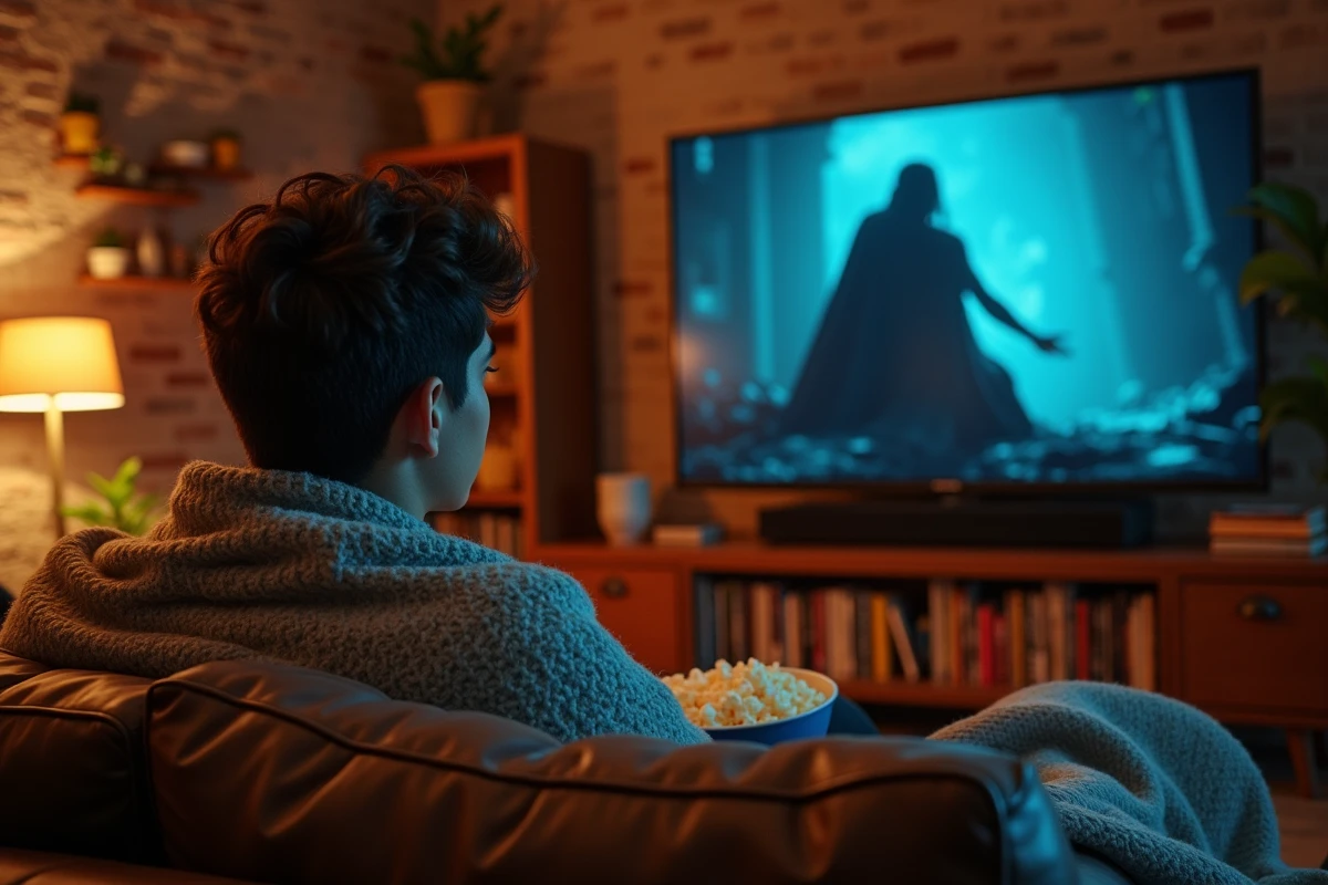 Jeune homme regardant un film fantastique de la saga Le Hobbit confortablement installé dans son salon, guide de visionnage pour nouveaux fans