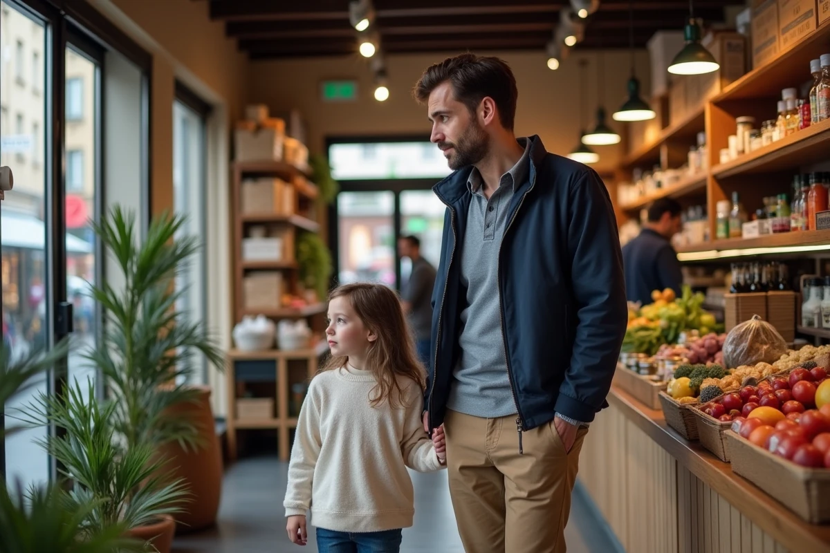Père et fille dans une épicerie de Montpellier