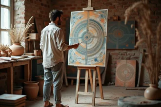 Peintre contemporain dans son atelier entouré de références mythologiques grecques et de toiles abstraites inspirées du dieu Apollon