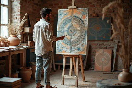Peintre contemporain dans son atelier entouré de références mythologiques grecques et de toiles abstraites inspirées du dieu Apollon