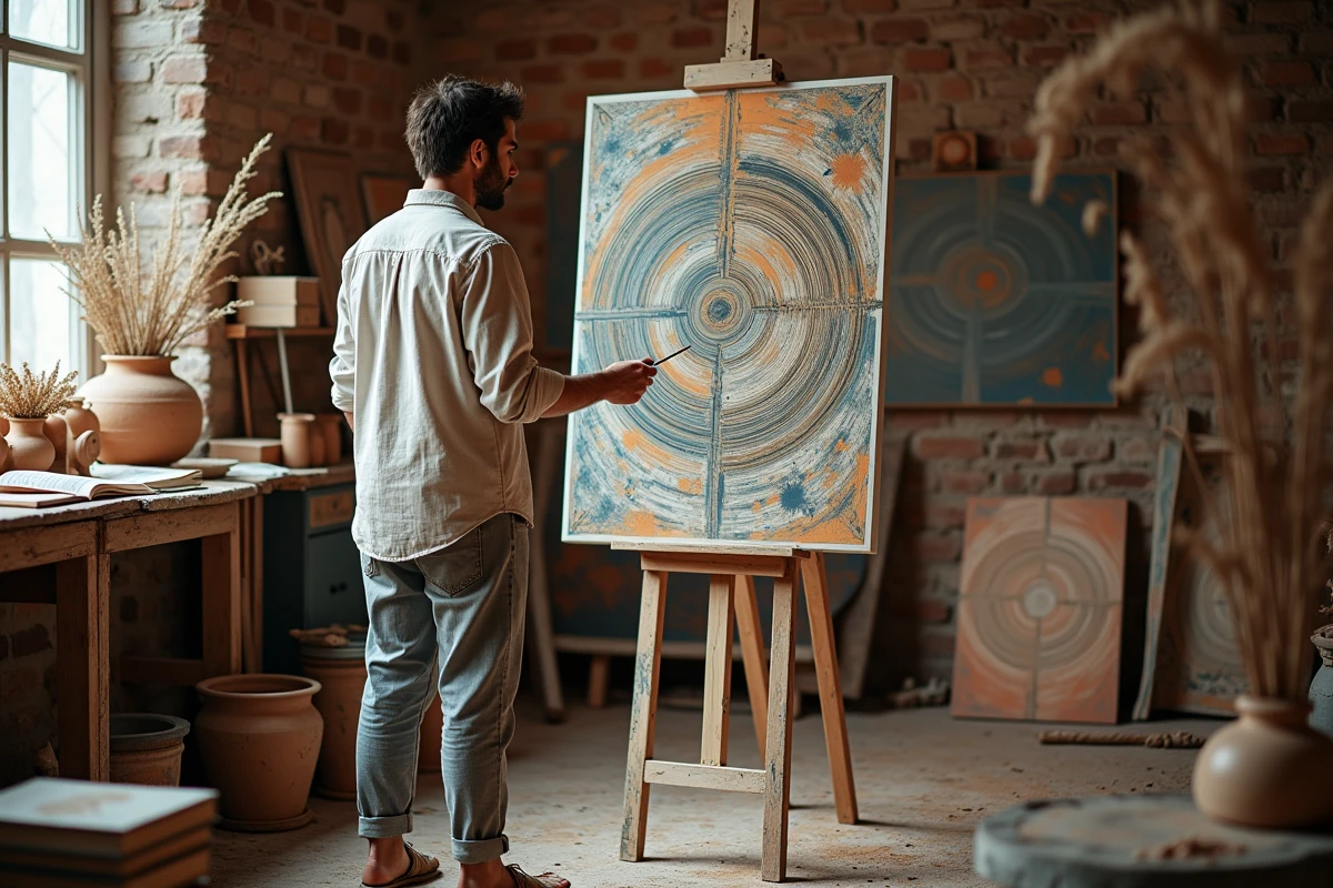 Peintre contemporain dans son atelier entouré de références mythologiques grecques et de toiles abstraites inspirées du dieu Apollon