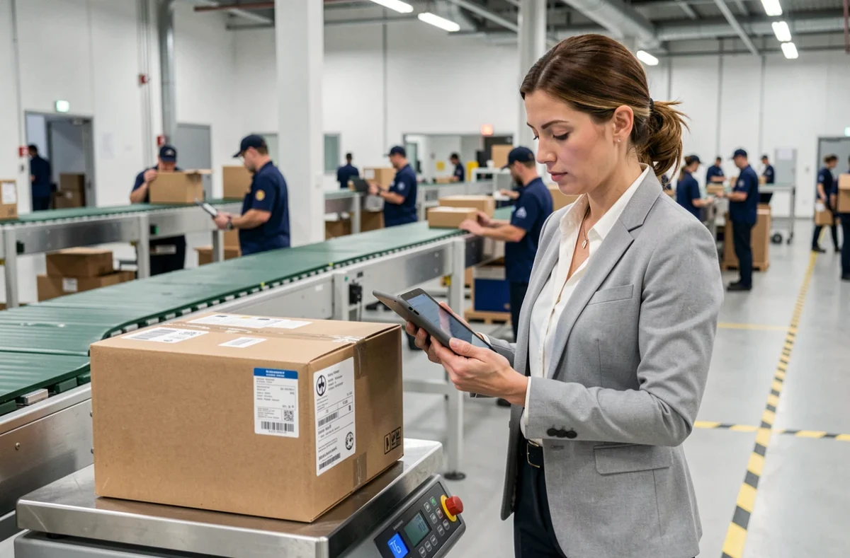 Consultante logistique mesurant et pesant un gros colis sur une balance industrielle dans un centre de tri