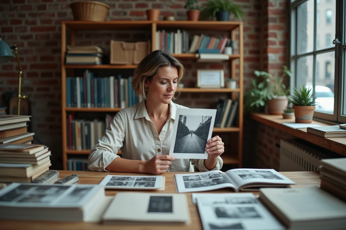 Photographe femme examinant ses archives photographiques dans un studio chaleureux avec des tirages en noir et blanc éparpillés sur un bureau en bois