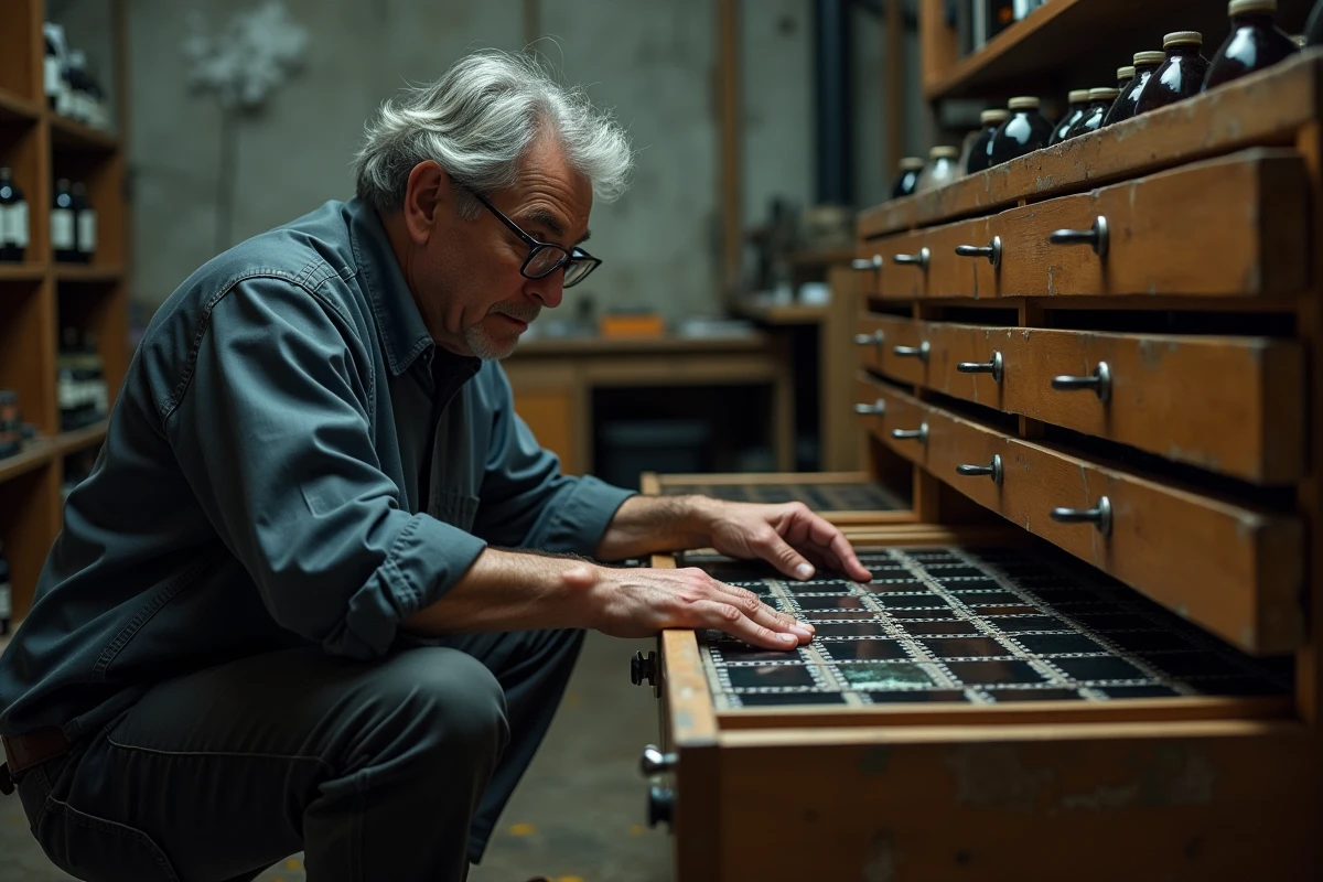 Photographe homme consultant des négatifs argentiques dans une chambre noire avec des tiroirs d'archives et des transparences organisées