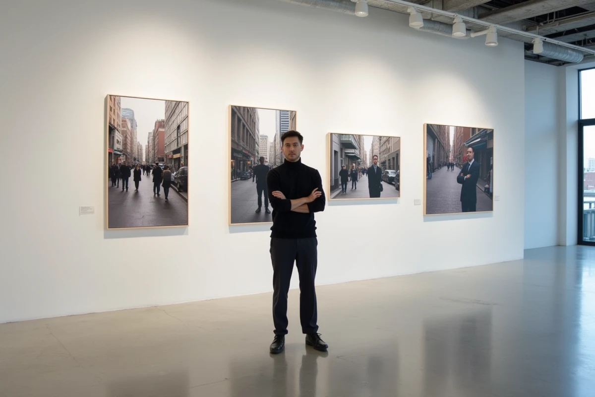 Photographe non-binaire analysant une sélection de tirages grand format dans une galerie moderne pour construire une œuvre photographique cohérente