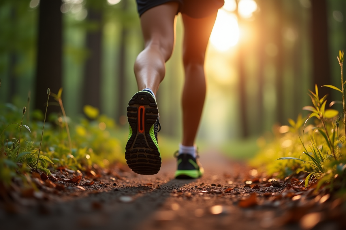 Gros plan sur des jambes et chaussures de course sur un sentier forestier