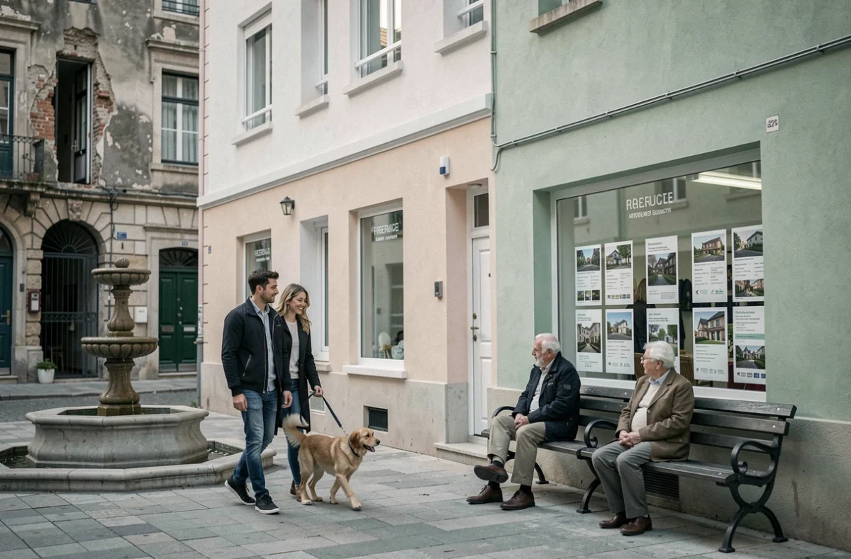 Place résidentielle calme à Marseille entre rénovation urbaine et anciens bâtiments avec habitants