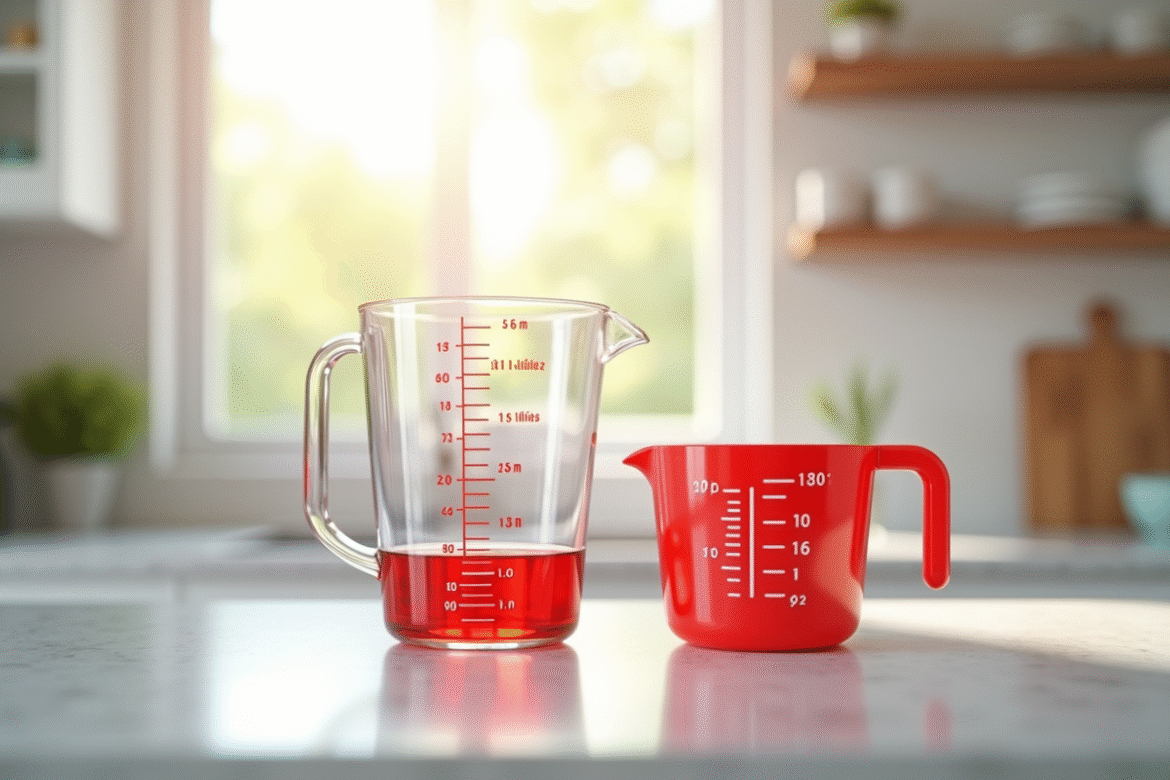 Plan de cuisine avec verre doseur et tasse rouge lumineux