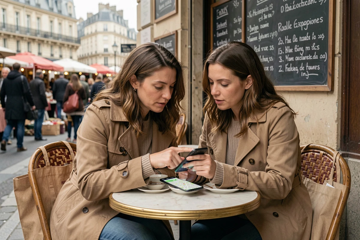Deux femmes planifiant leurs sorties braderies dans le Nord grâce à l'application Sabradou 59, attablées en terrasse de café