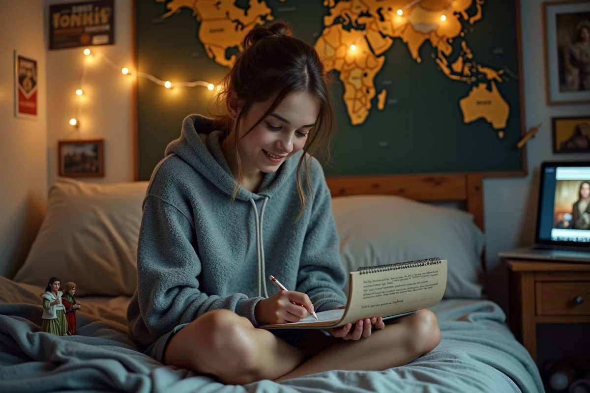 Jeune femme organisant son ordre de visionnage du Hobbit avec des figurines et le livre de Tolkien posés sur une table de chevet