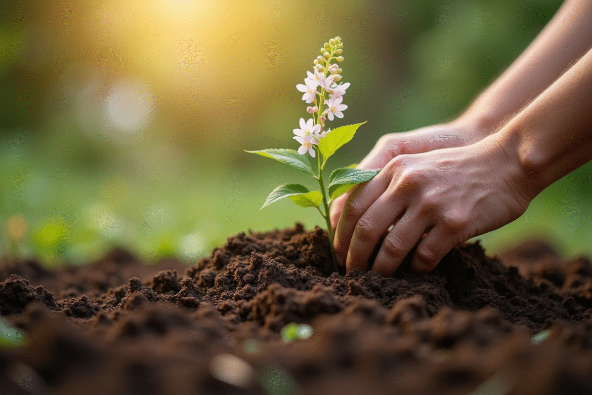 Main plantant une glycine fraîche dans un sol humide en extérieur