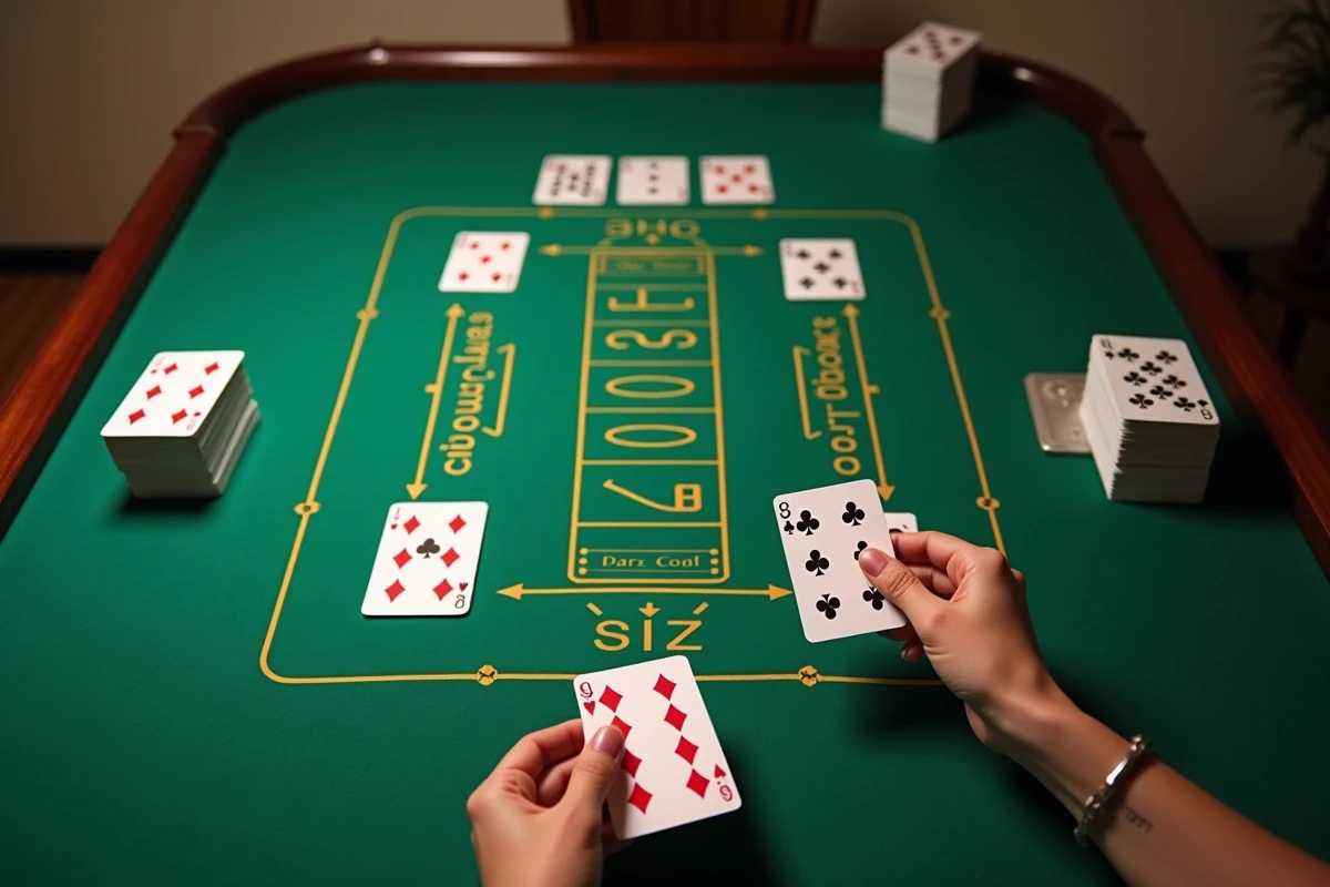 Vue aérienne d'un jeu de Crapette en cours sur un tapis de jeu vert avec une main de femme déplaçant une carte en stratégie