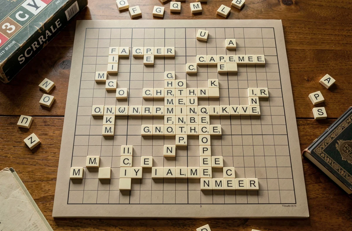 Vue aérienne d'un plateau de Scrabble avec des mots inhabituels formés sur les cases, accompagné d'un dictionnaire ouvert
