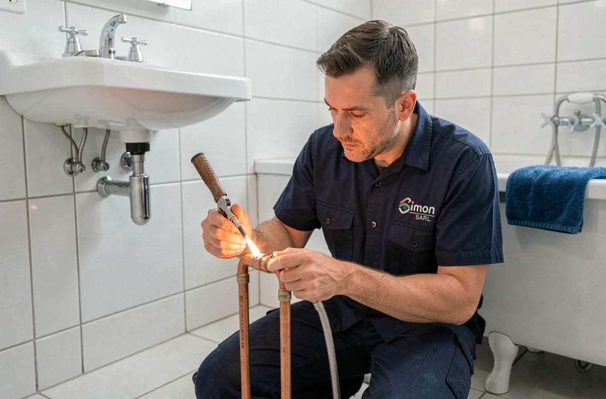 Artisan plombier de la société Simon SARL en train de souder un raccord en cuivre dans une salle de bain rénovée