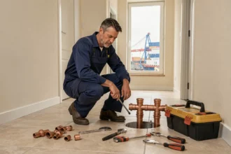 Plombier professionnel travaillant sur une installation de tuyauterie dans un appartement normand au Havre