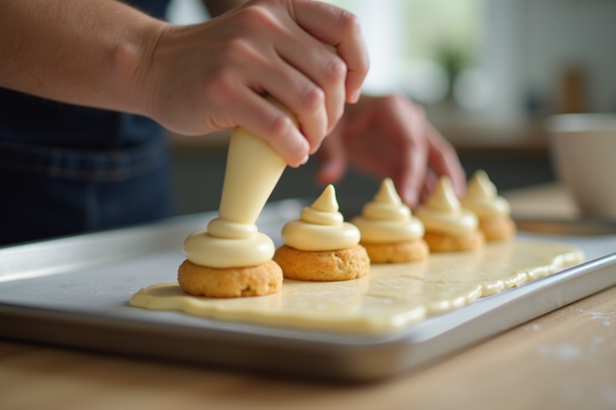 Mains piping délicatement la pâte à choux sur une plaque