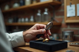Bijoutier examinant un poinçon sur une bague en or avec une loupe dans un atelier de joaillerie