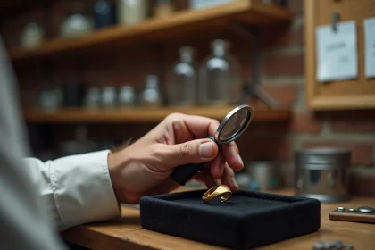 Bijoutier examinant un poinçon sur une bague en or avec une loupe dans un atelier de joaillerie