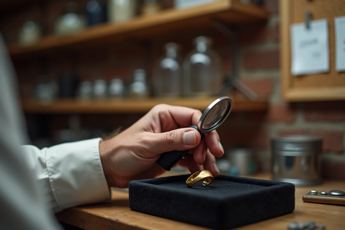 Bijoutier examinant un poinçon sur une bague en or avec une loupe dans un atelier de joaillerie