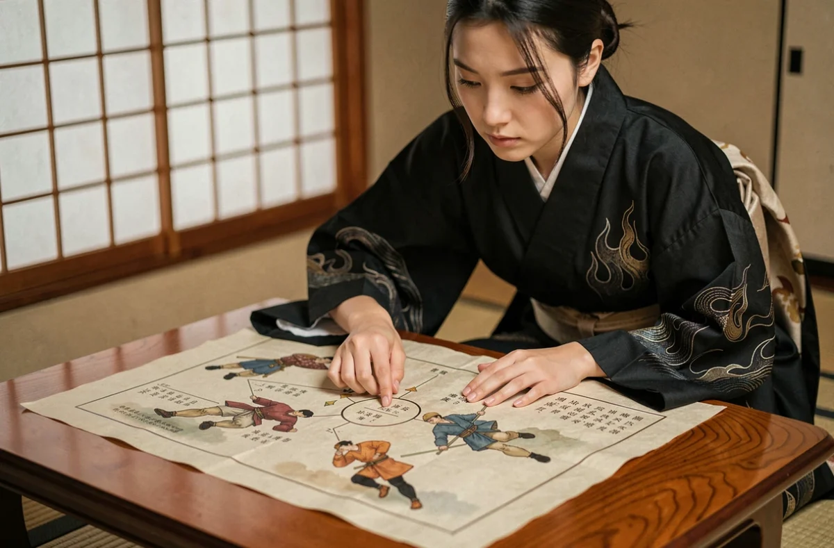 Jeune femme en kimono noir avec motifs de flammes étudiant des parchemins de stratégie de combat dans une salle de thé japonaise traditionnelle