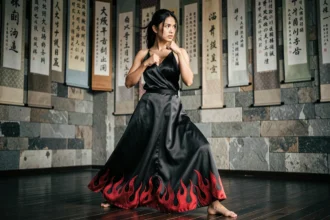 Jeune femme en robe noire brodée de flammes rouges en position de combat dans un dojo traditionnel japonais