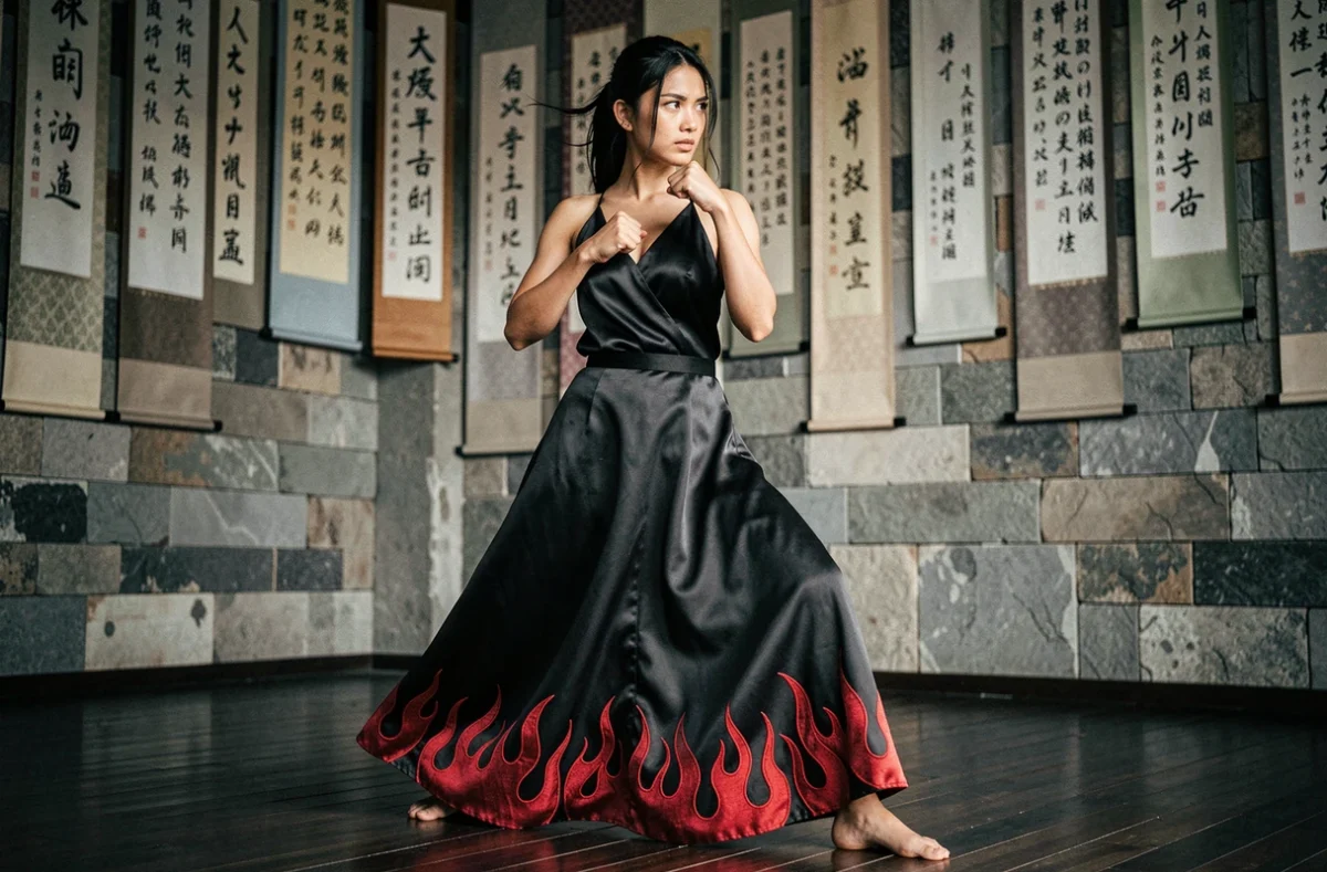 Jeune femme en robe noire brodée de flammes rouges en position de combat dans un dojo traditionnel japonais