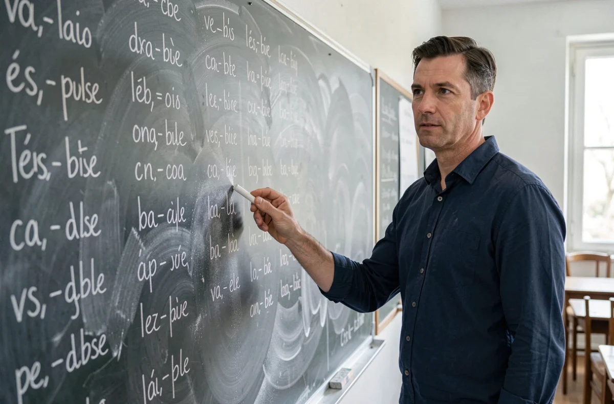Professeur montrant des conjugaisons du verbe s'amenuiser au tableau noir dans une salle de classe