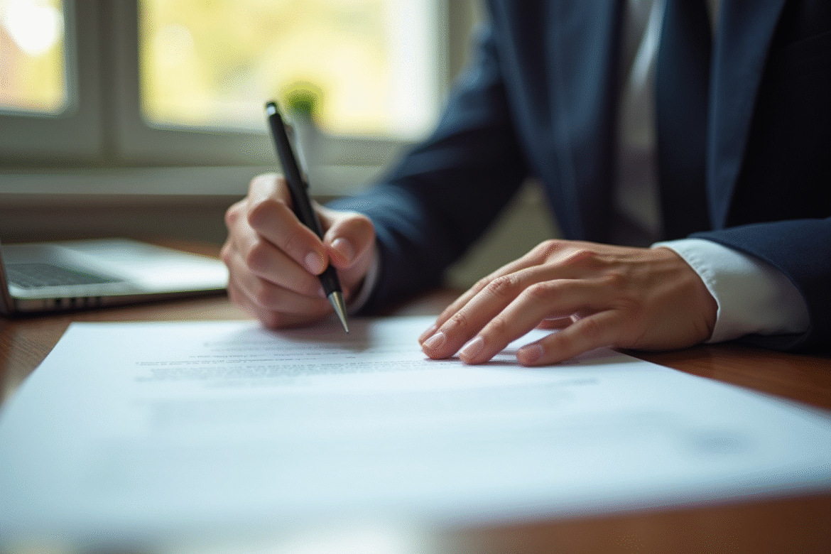 Businessperson relisant un contrat dans un bureau lumineux