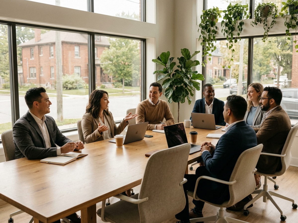 Groupe de professionnels en coworking dans un espace lumineux