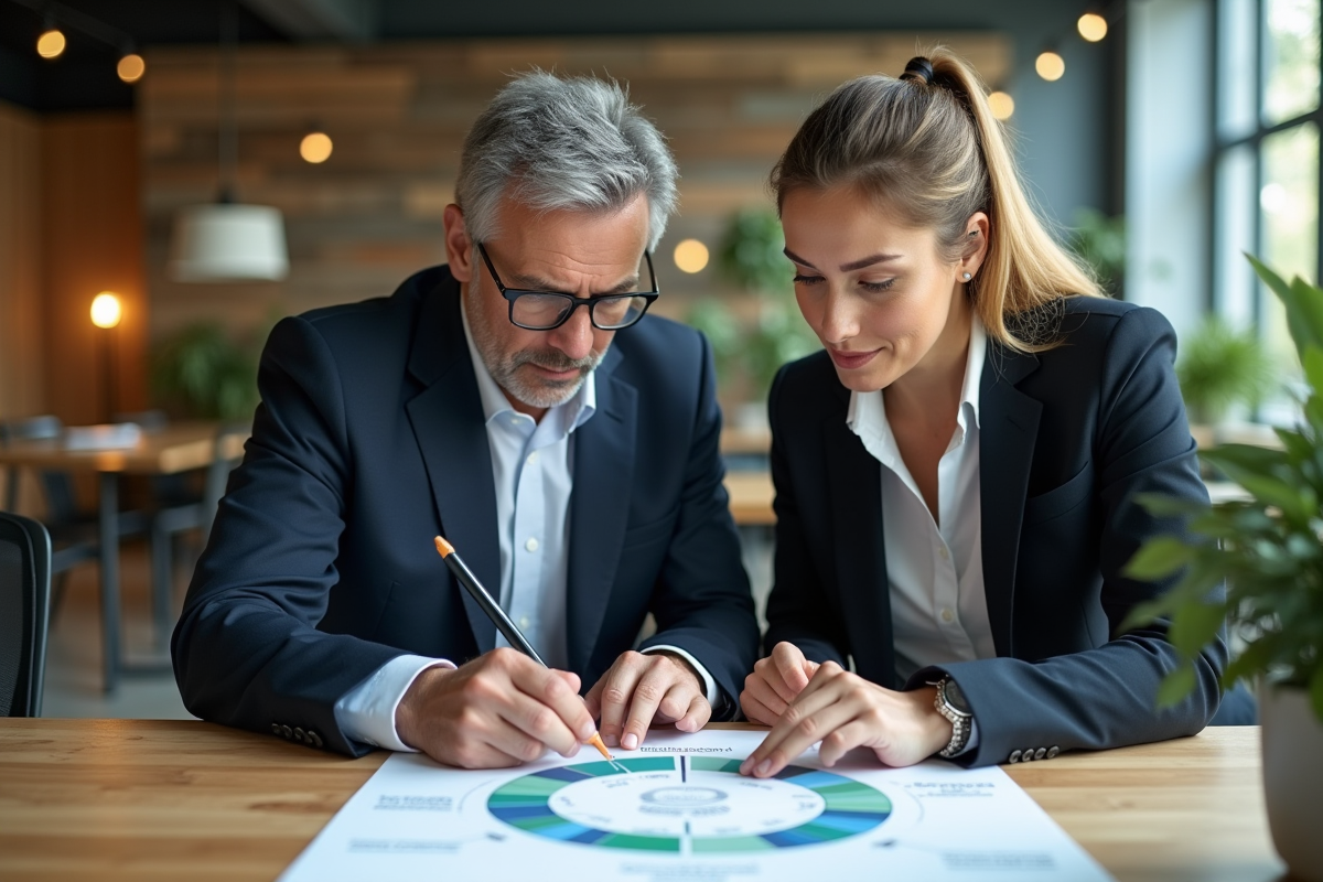 Deux professionnels analysant un diagramme d'économie circulaire