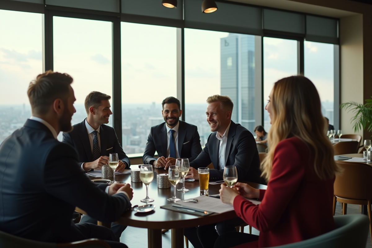 Groupe de professionnels dans un lounge chic avec vue urbaine