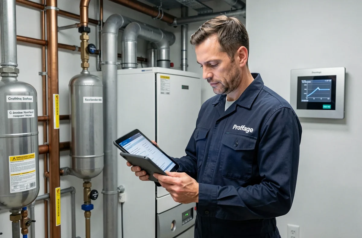 Technicien Proffage enregistrant un rapport d'inspection sur tablette numérique dans une chaufferie moderne au Havre