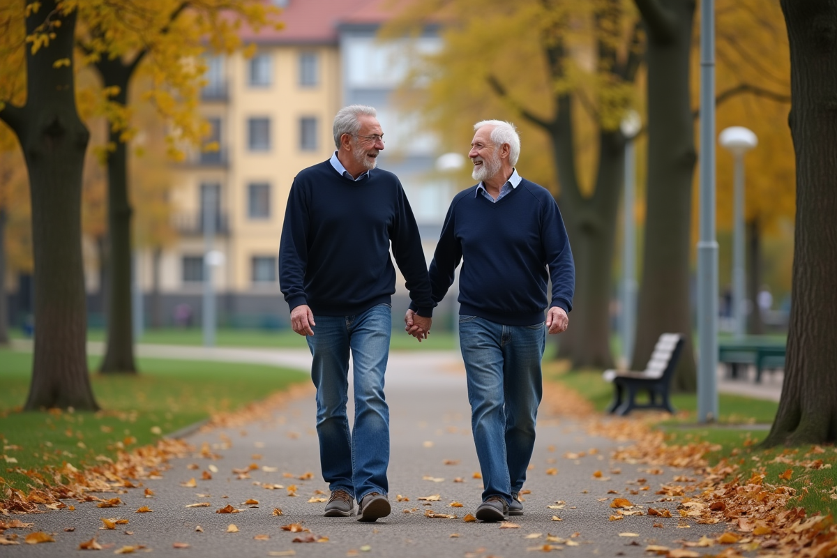 Un homme et son père âgé marchent dans un parc en automne
