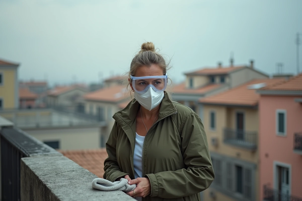 Femme portant un masque de protection contre les cendres volcaniques de l'Etna sur un balcon en Sicile, poussière volcanique visible sur la surface