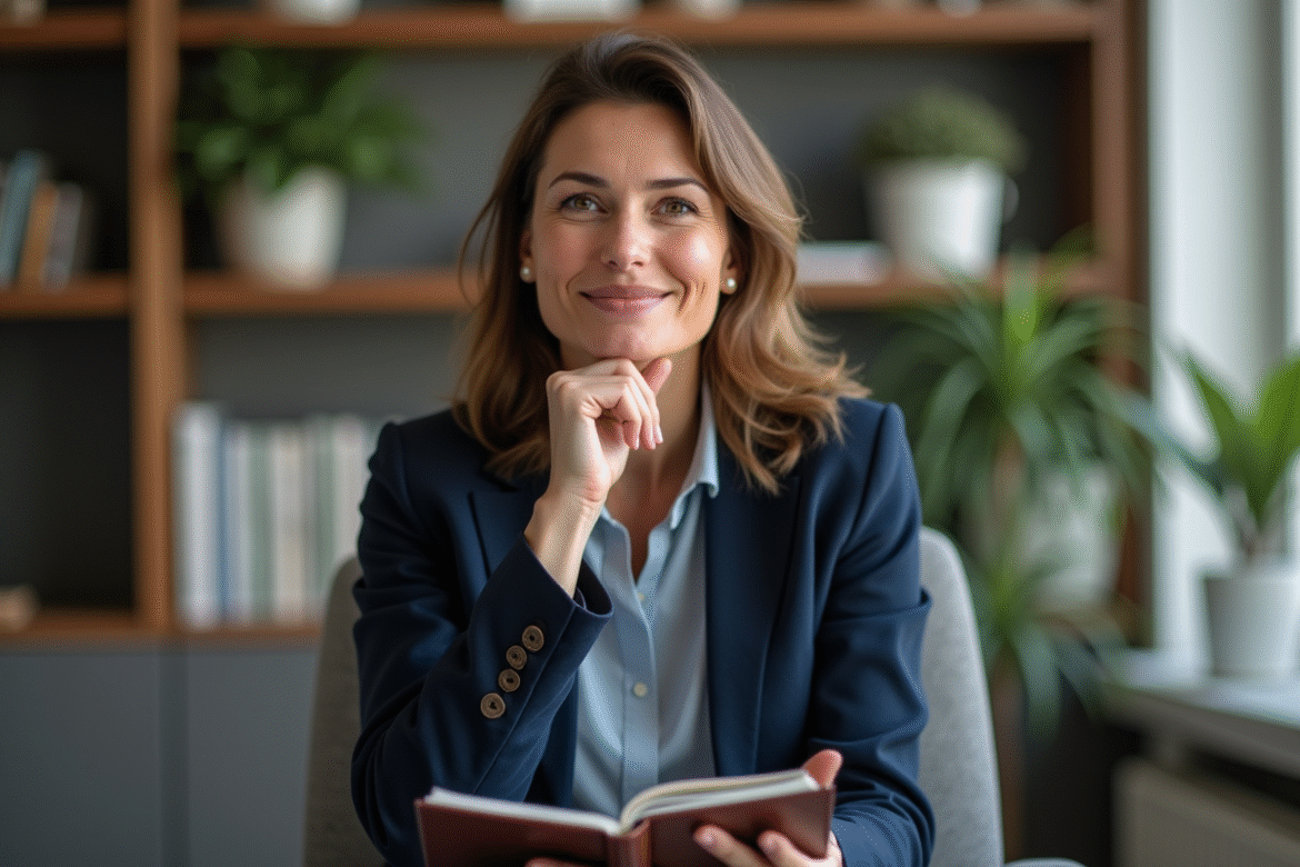 Psychologue femme en cabinet moderne et accueillant