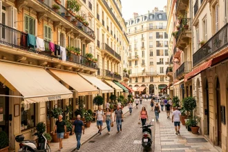 Avenue animée d'un quartier résidentiel de Marseille avec immeubles haussmanniens et habitants divers