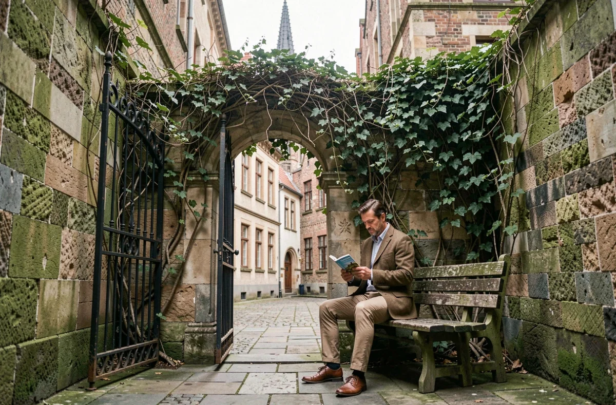 Homme lisant un guide touristique dans une cour cachée du quartier du Sablon à Bruxelles, loin des attractions touristiques bondées