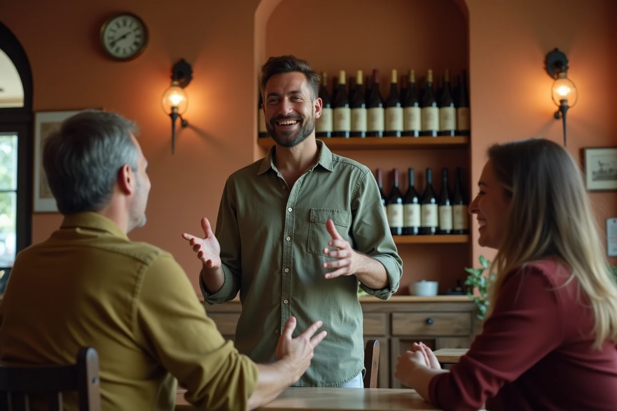 Homme racontant une blague avec enthousiasme à ses amis dans un bistro français