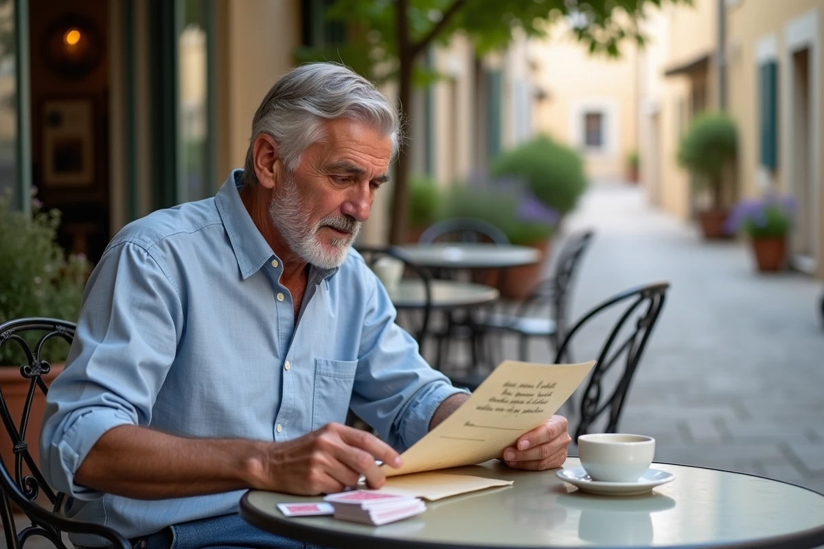 Homme âgé aux cheveux gris révisant les règles de la Crapette avec des notes manuscrites sur une terrasse de café français