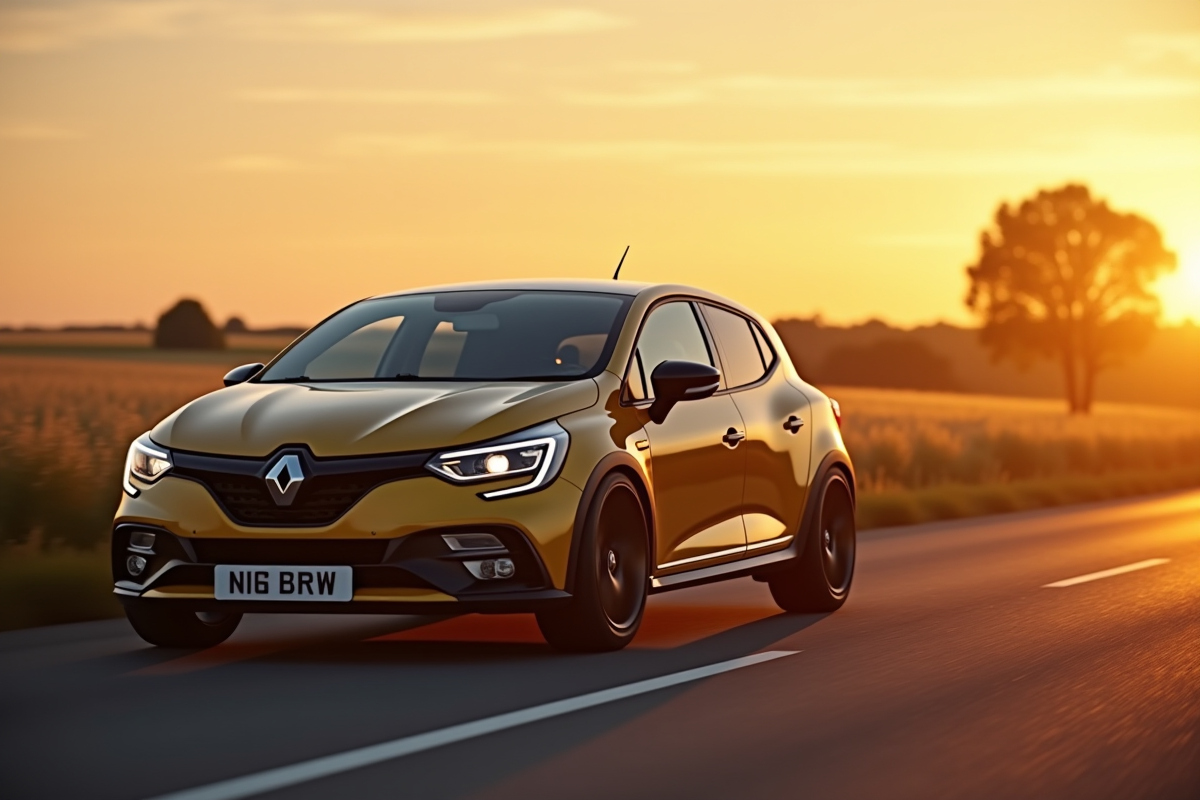 Renault Clio conduite en campagne française au coucher du soleil