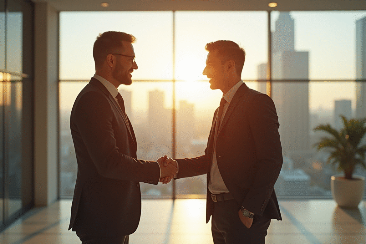 Deux professionnels se serrant la main dans un bureau lumineux