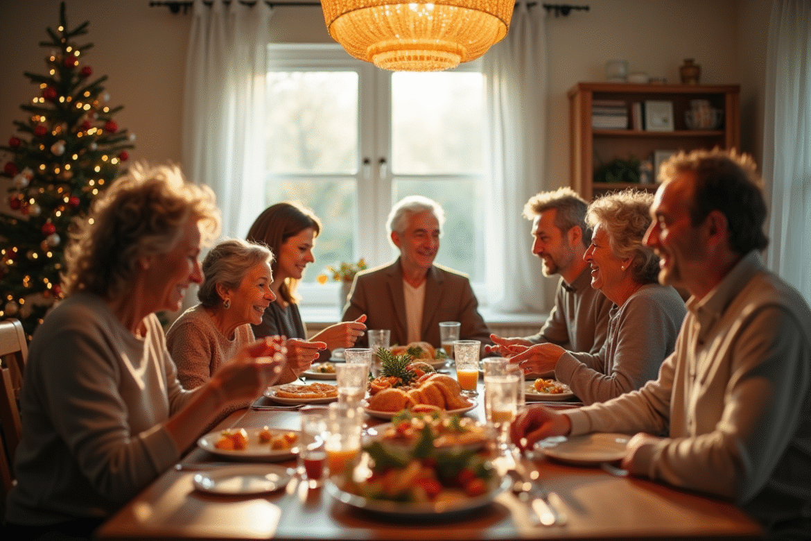 Famille multigenerational partageant un repas festif ensoleille